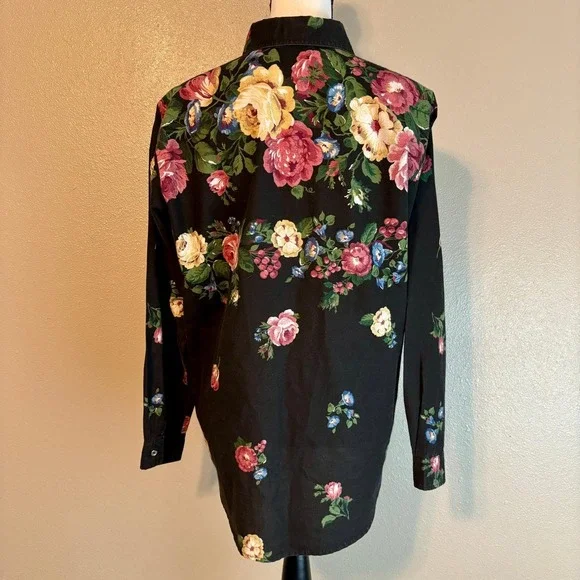 Sun River Button Up Blouse Women's Medium Black Whimsigoth Red Yellow Blue Roses - Picture 5 of 11